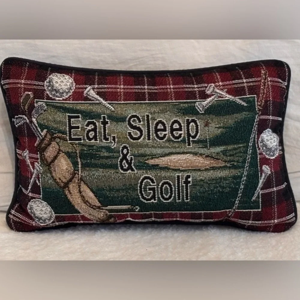 Plaid Golf Themed Decorative Pillow”Eat,Sleep & Golf”